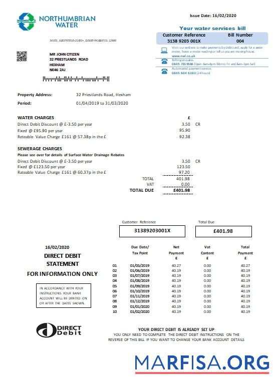 Printable United Kingdom Northumbrian Water utility bill template in Word and PDF format, version 2